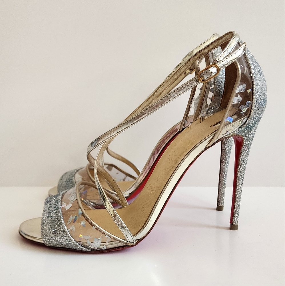 CHRISTIAN LOUBOUTIN PUMPS SILVER GLITTER SLIKOVA STRAPPY 3.9INCH HEEL HEELS 37.5
